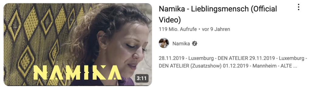 Official Video zu Namikas Songe "Lieblingsmensch" bei uTube