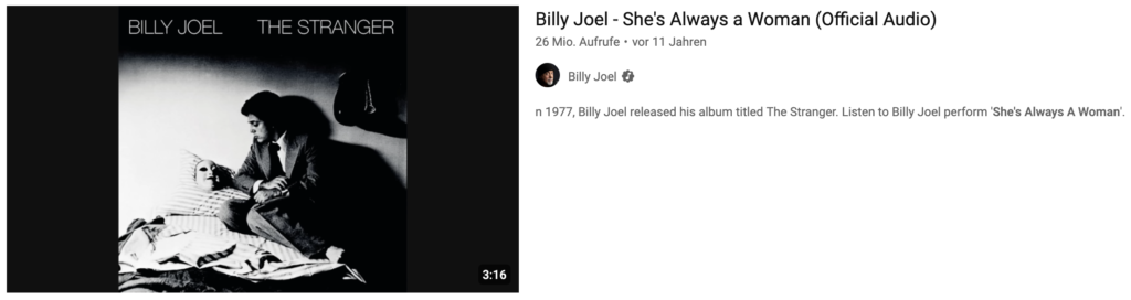 Bild mit Link zum Official Audio von Billy Joels Song "She's Always a Woman" bei uTube