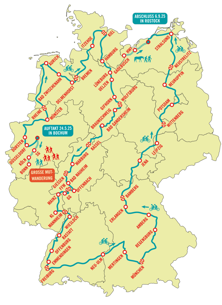 Deutschlandkarte, die den Verlauf der Wander- und Fahrrad-Strecken der Mut-Tour 2025 zeigt